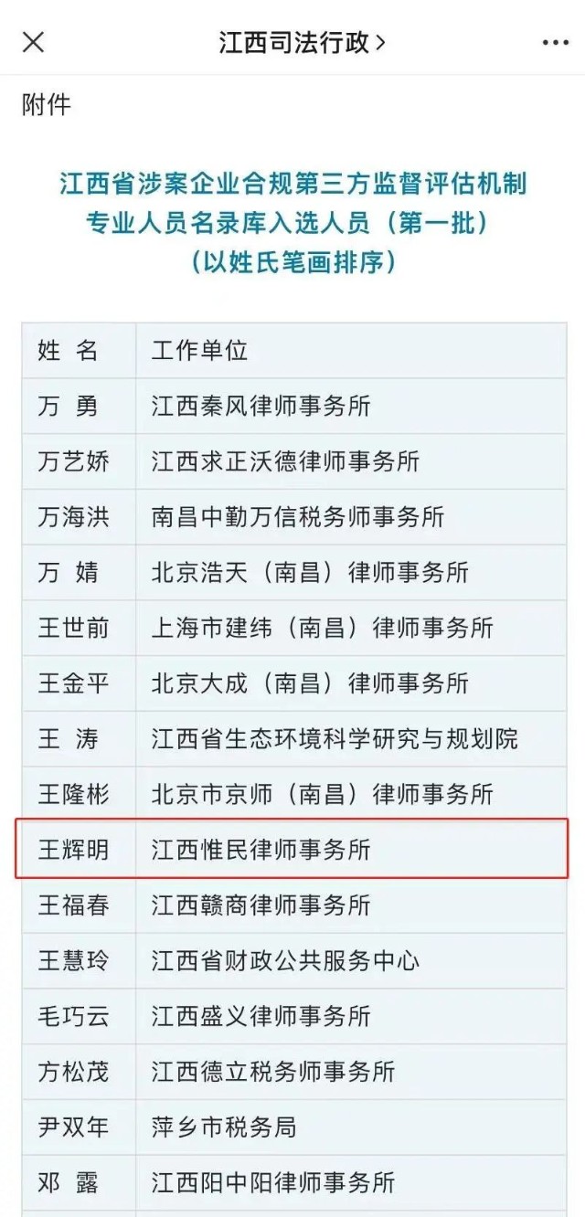 王辉明入选江西首批涉案企业合规第三方监督评估机制专业人员名录库